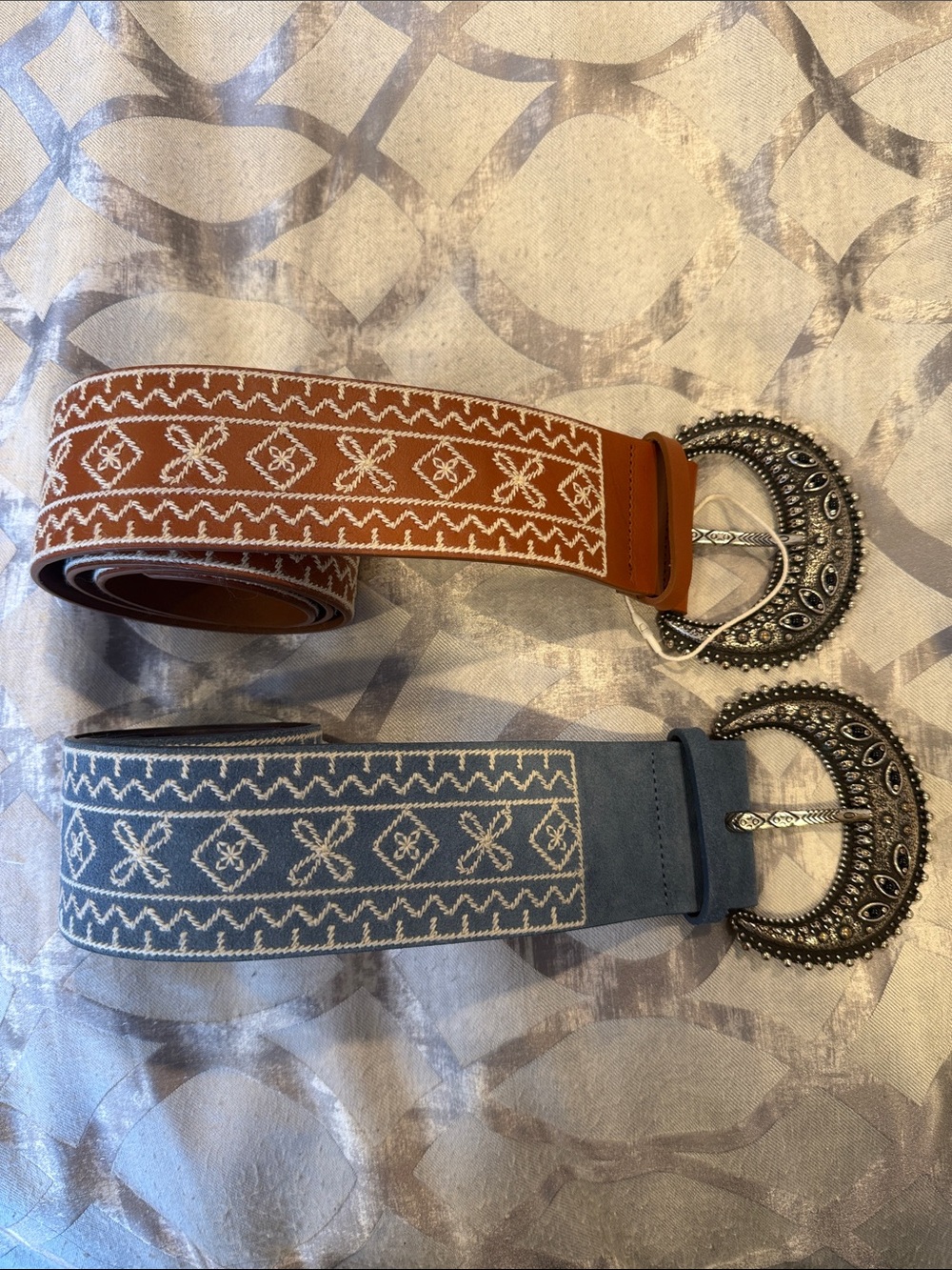 Sezane Embroidered Western Belts — Rust & Dusty Blue
